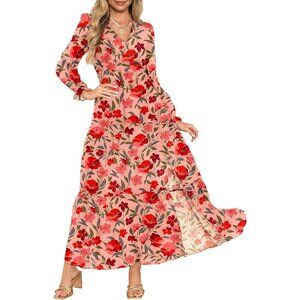 Chic Red V Neck Bohemian Maxi Dress - Long Puff Sleeves and Ruffle Cuffs